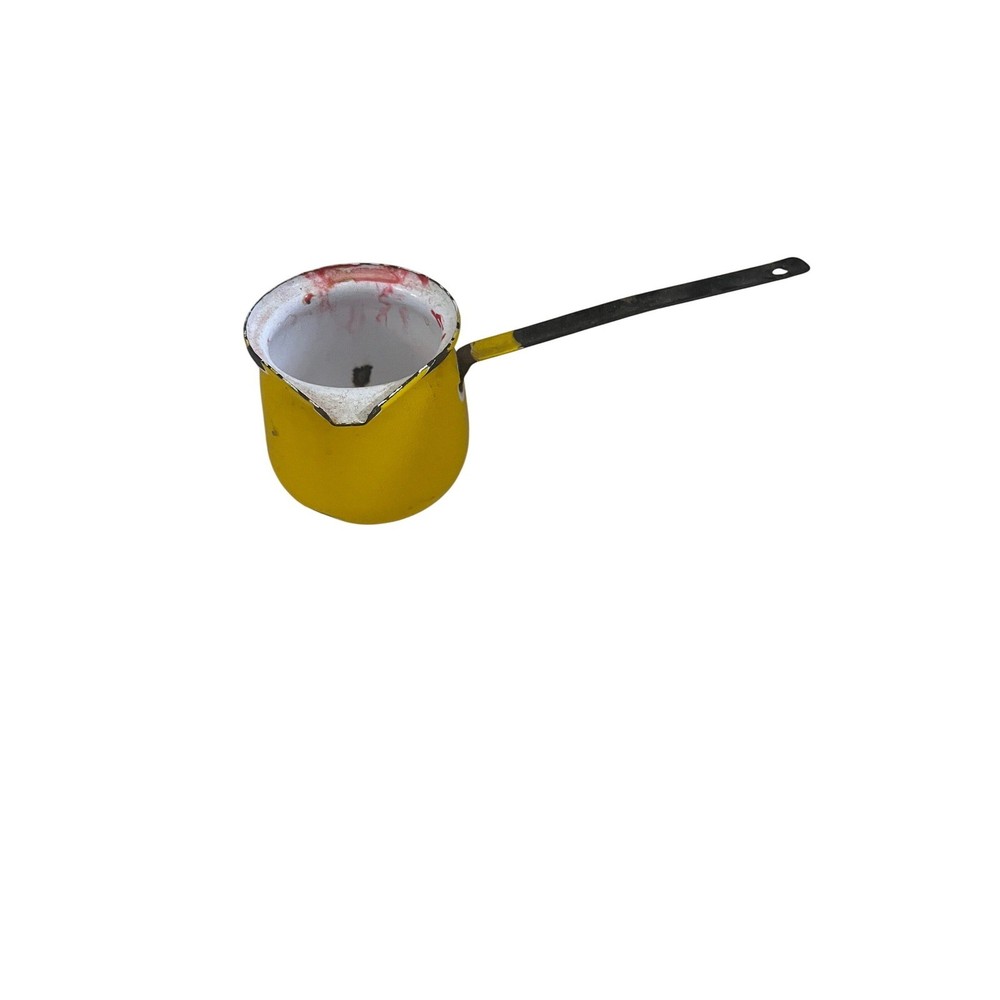 Vintage Yellow Enamelware Turkish Coffee Pot Long Handle Primitive Rustic Decor