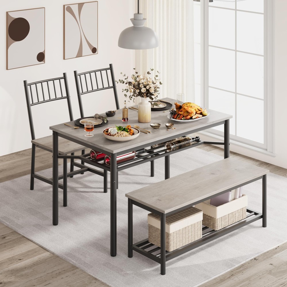 4 Piece Dining Table Set Kitchen Table Set with Bench and Chairs & Storage Rack