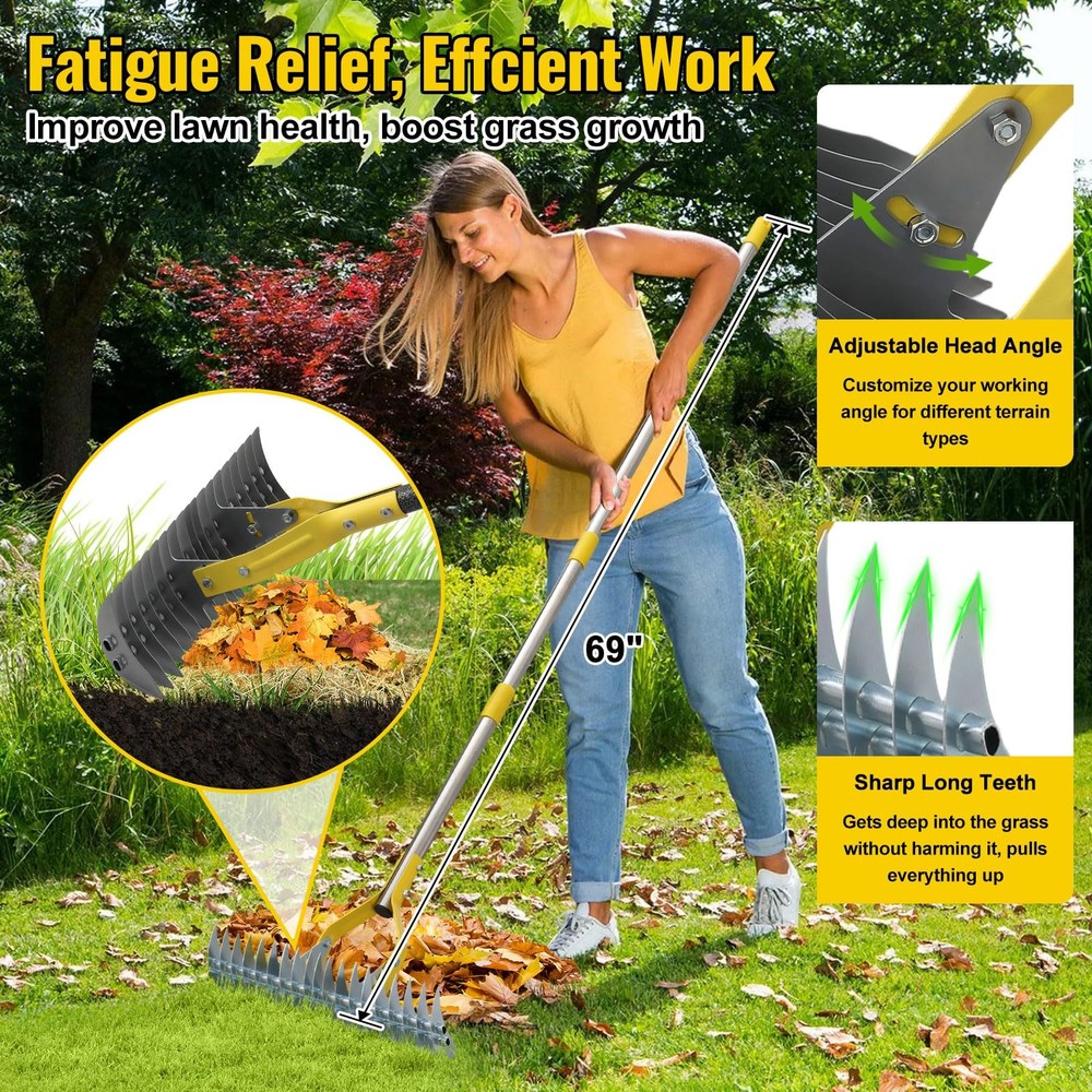 Garden Leaf Rake: Dual Function Thatching Rake for Lawn Dead Grass Silver