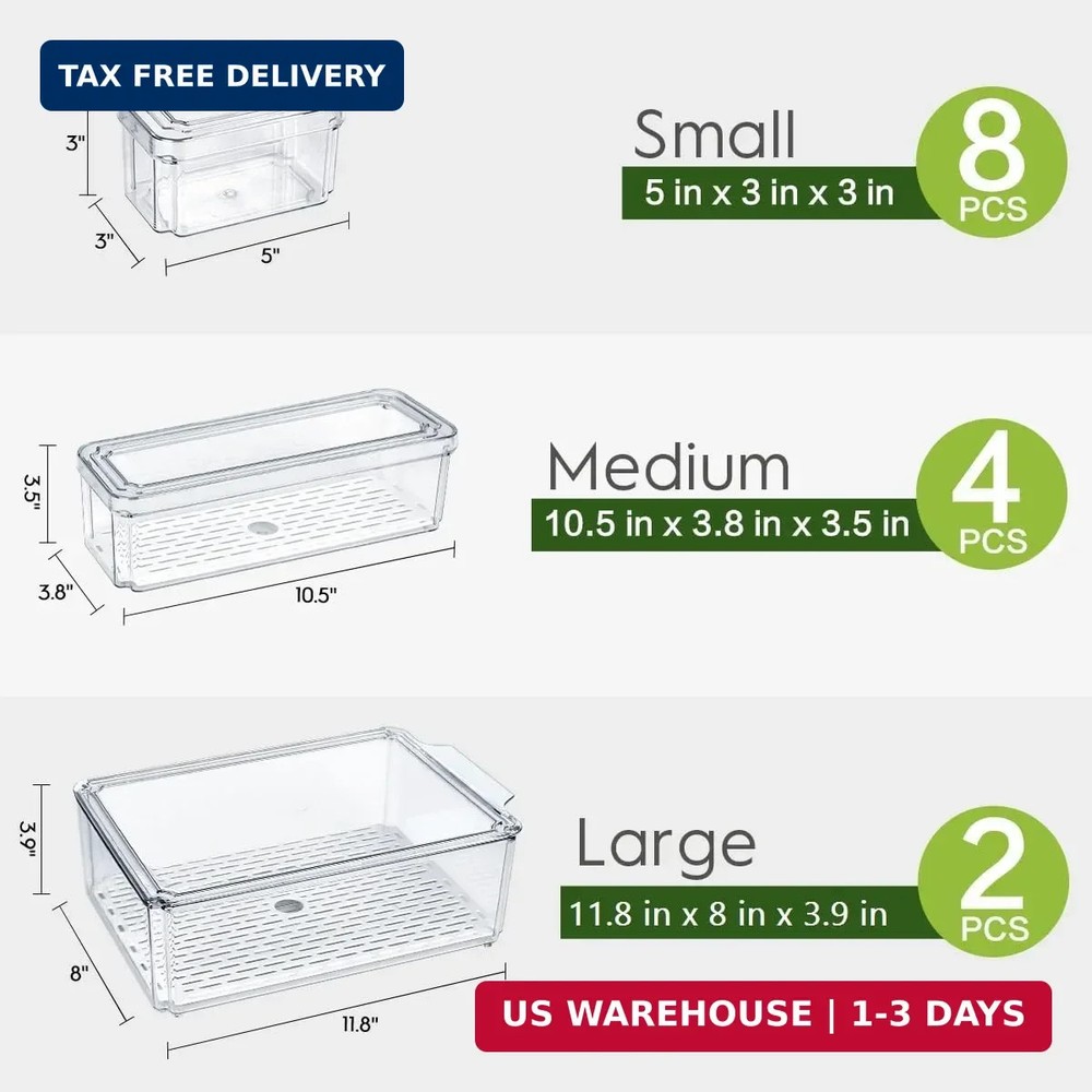 ZIJUND 14 Pack Fridge Organizer, Stackable Refrigerator Organizer Bins with Lids
