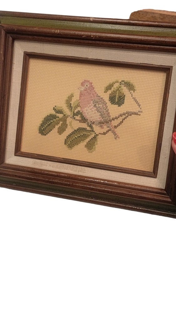 bird needlepoint Cross Stitch Framed Matted Artwork Vntg
