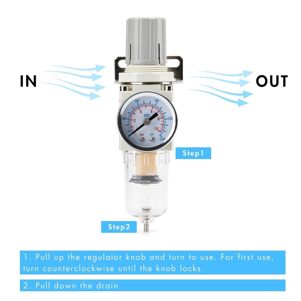 1/4" NPT Compressed Air Combination Filter Regulator Combo - Regulator, Filte...