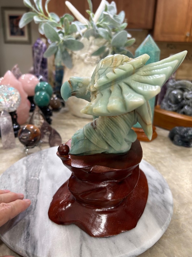 Amazonite Eagle hand carved on custom wood stand