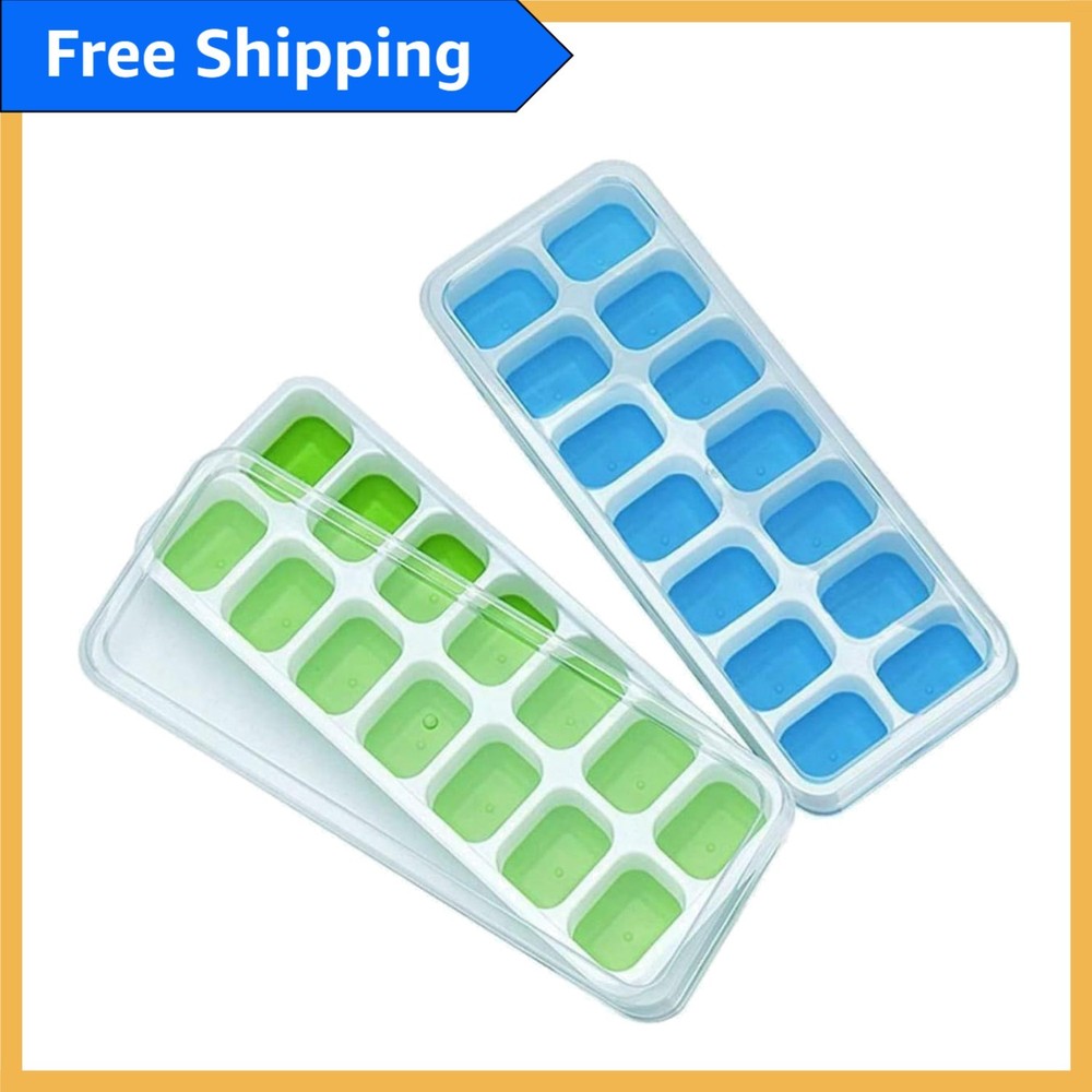 Flexible Silicone Ice Cube Trays with Removable Lids - Dishwasher Safe, 2 Pack