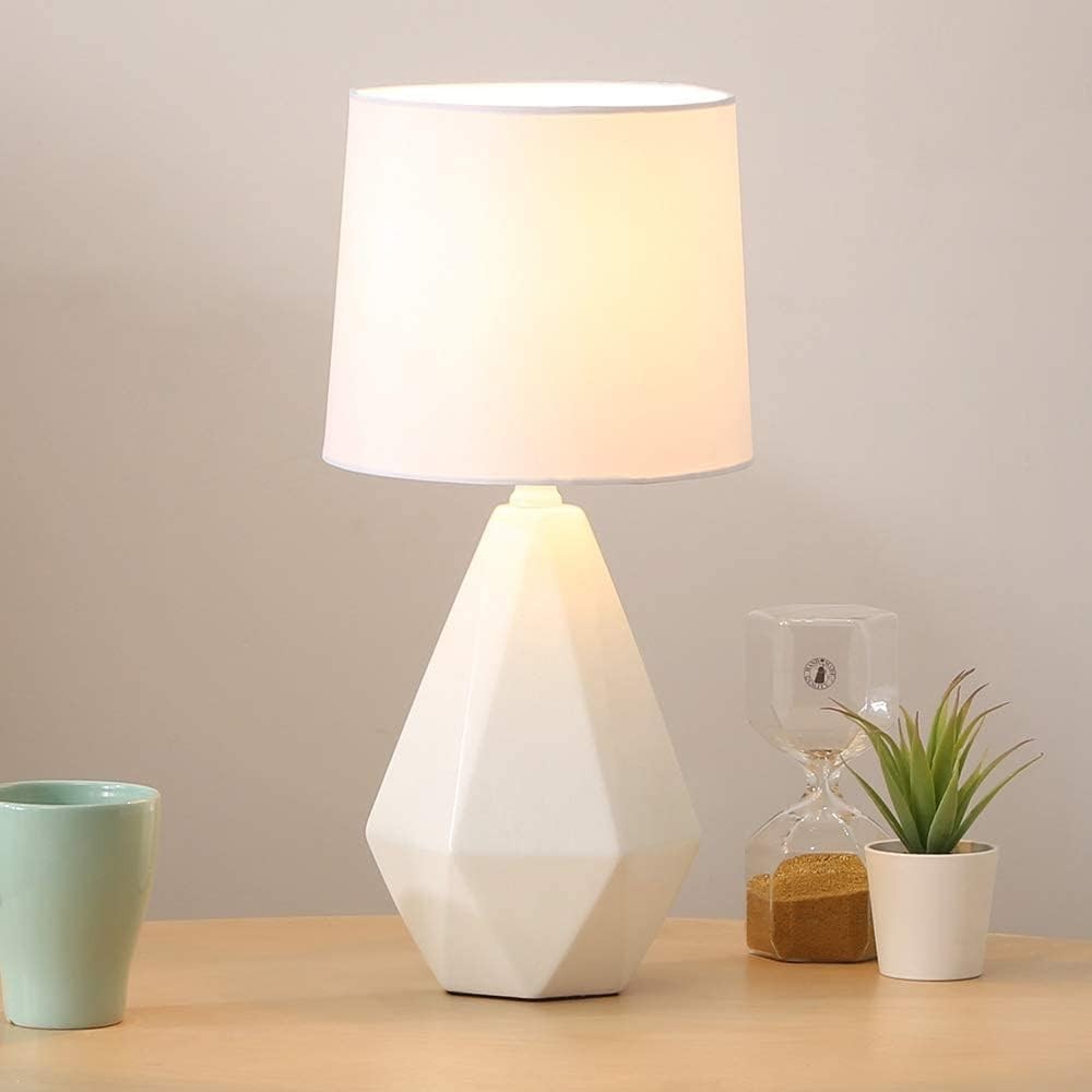 Modern Small Ceramic Table Lamp, White Irregular Geometric Bedside 15",