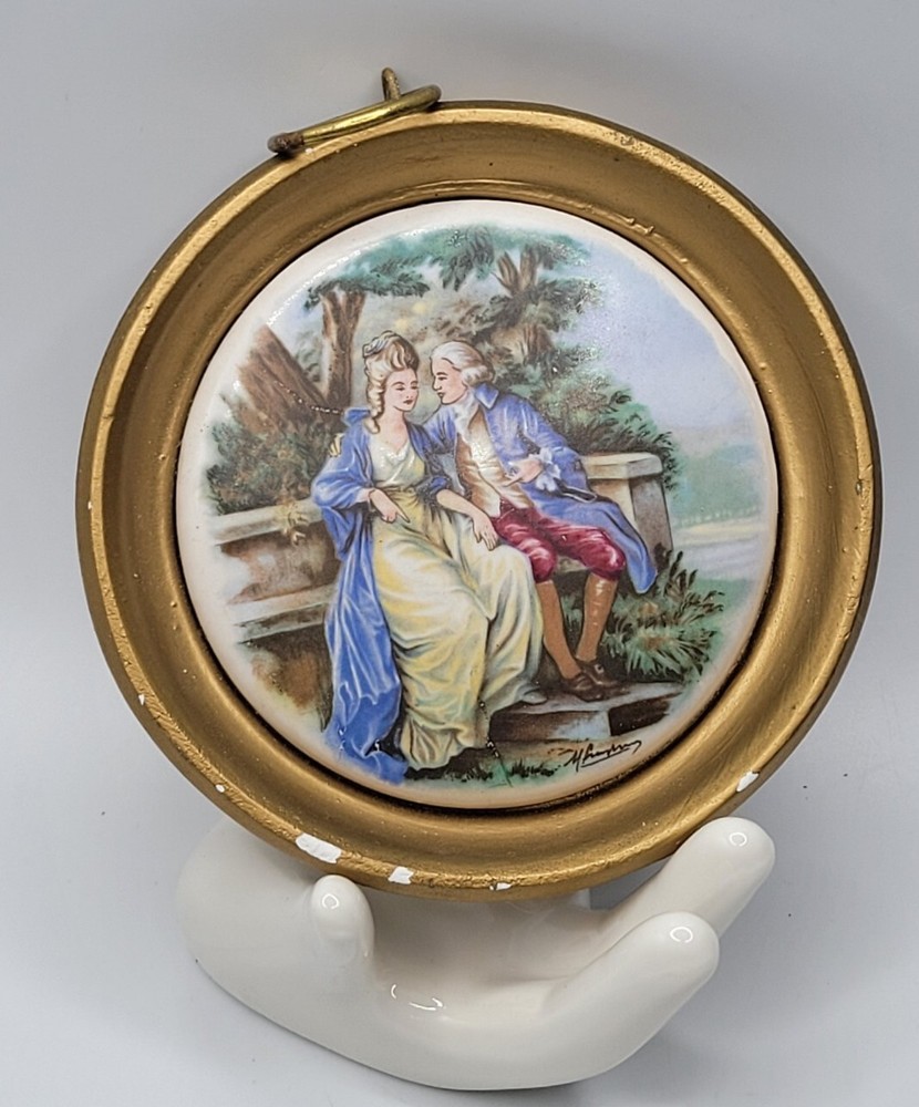 Victorian Hand Painted Courting Scene Tile • Chalkware Frame Wall Plaque •Signed