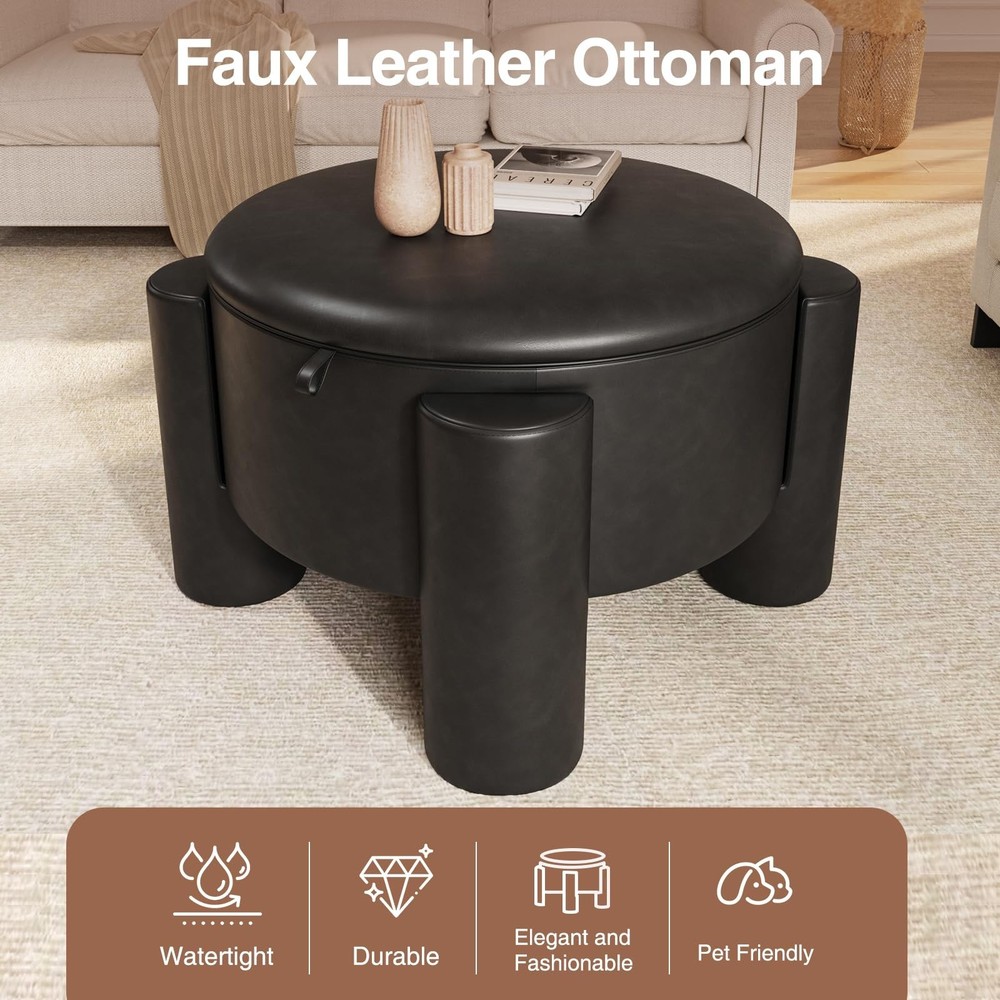 24in Storage Stool Coffee Table with Storage Function, Artificial Leather