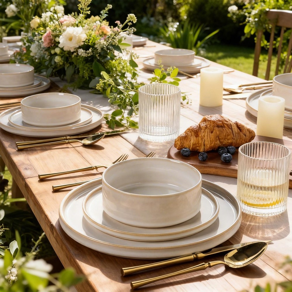 Ceramic Dinnerware Sets, Handmade Reactive Glaze Vanilla White Service for 4