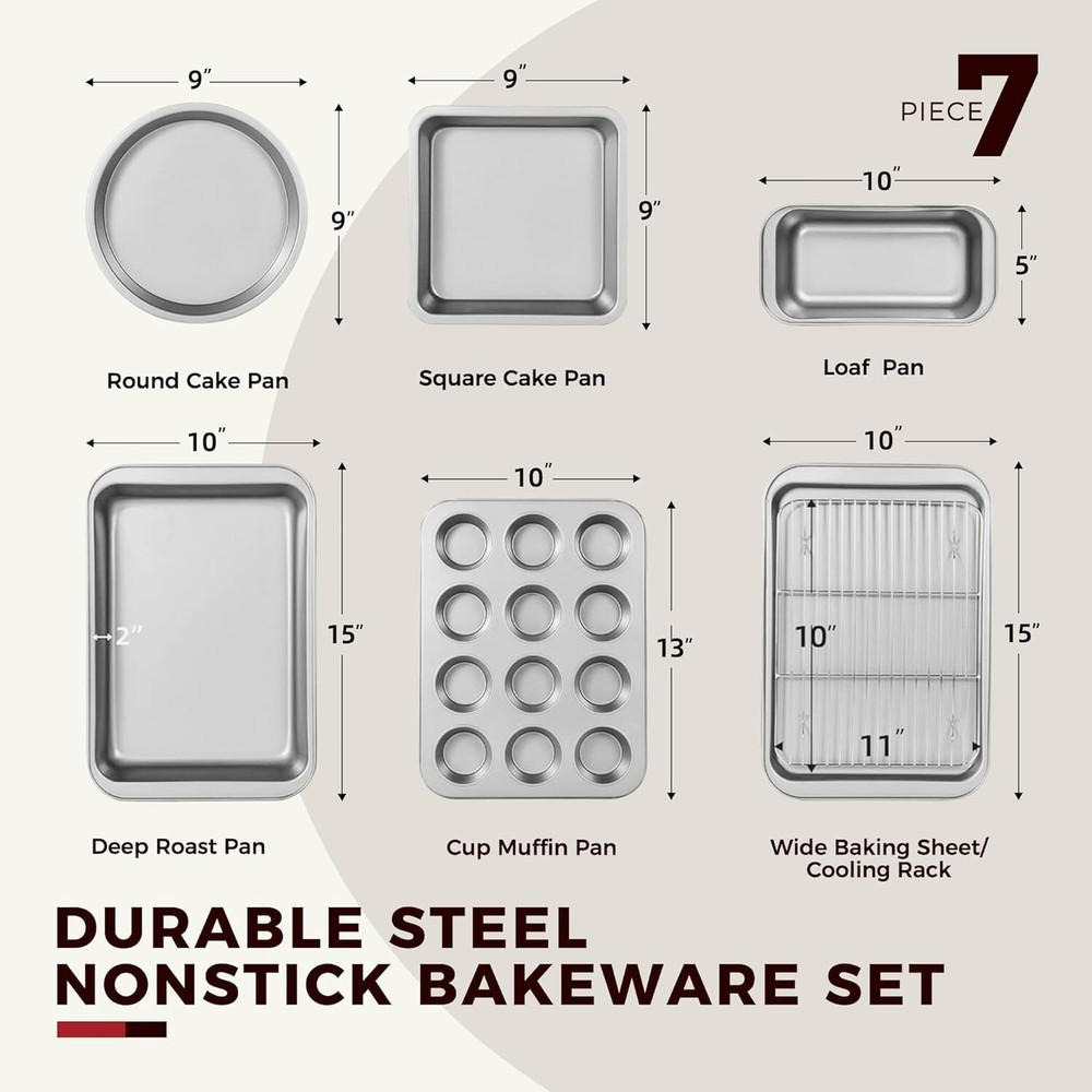 Baking Pans Sets, Nonstick Bakeware Sets 7-Piece with Round/Square Cake Pan