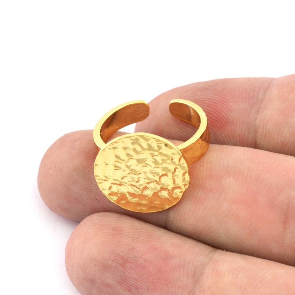 Round Disc Hammered Adjustable Ring Blank Shiny gold plated Brass 4948
