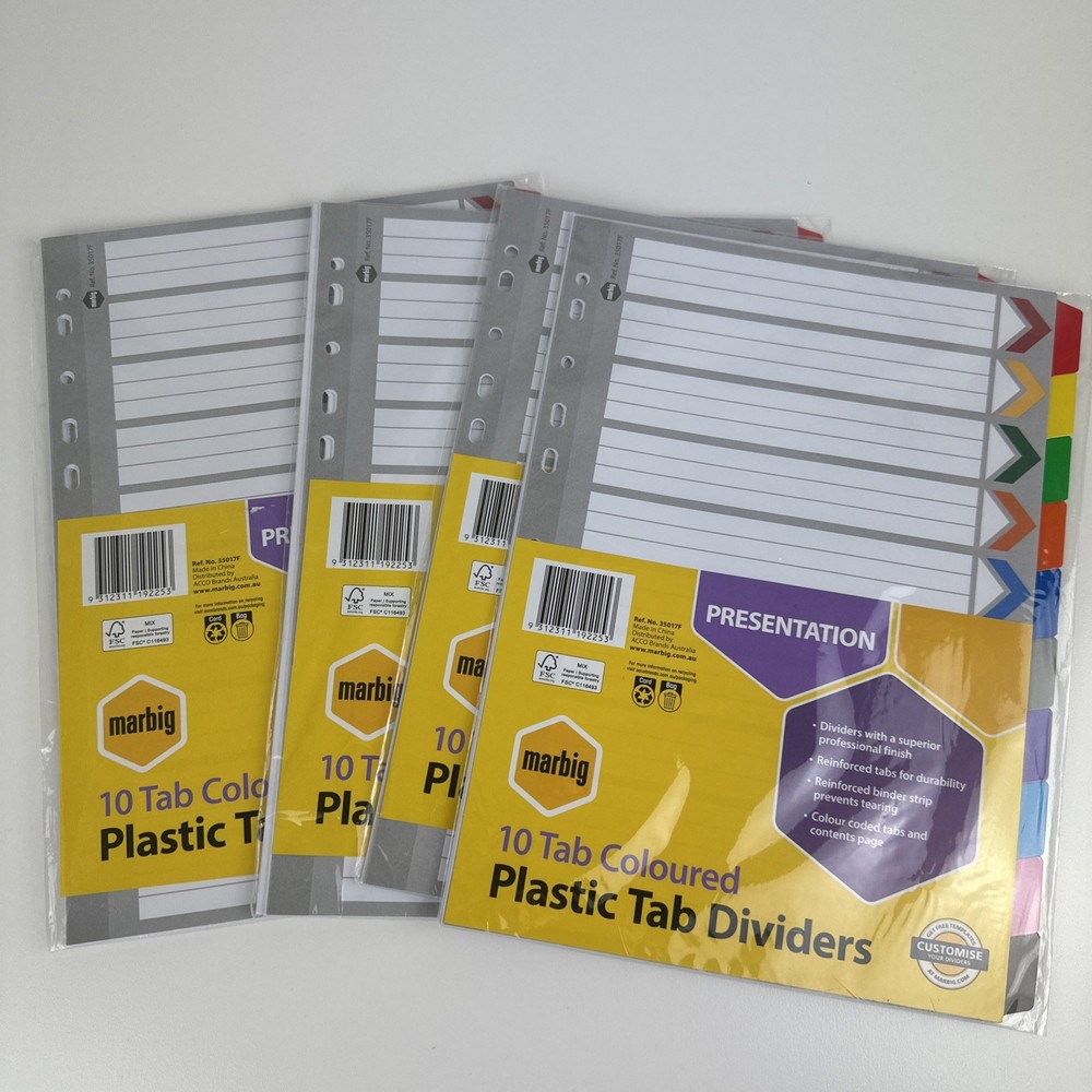 BULK 4 PACK Marbig A4 1-12 Tab Coloured Divider - 35019F