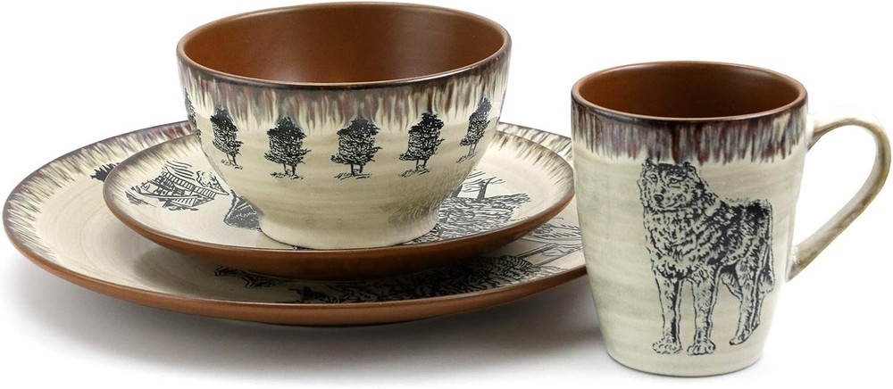 16-Pc Stoneware Dinnerware Set Wolf Design Round Plates Warm Taupe & Brown