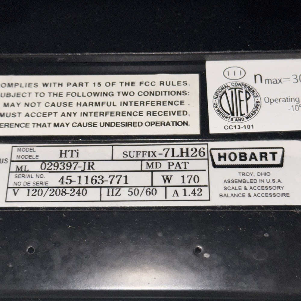 Hobart HTi-7LH26 Scale With Printer & 7" Customer Display - Untested