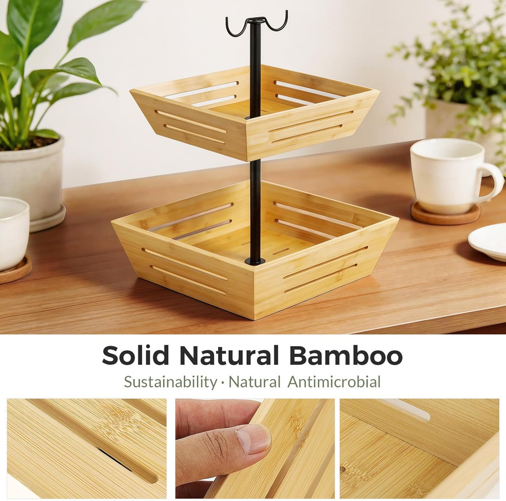Bamboo Fruit Basket: 2-Tier Vegetable Storage with Banana Holder, Kitchen Counte