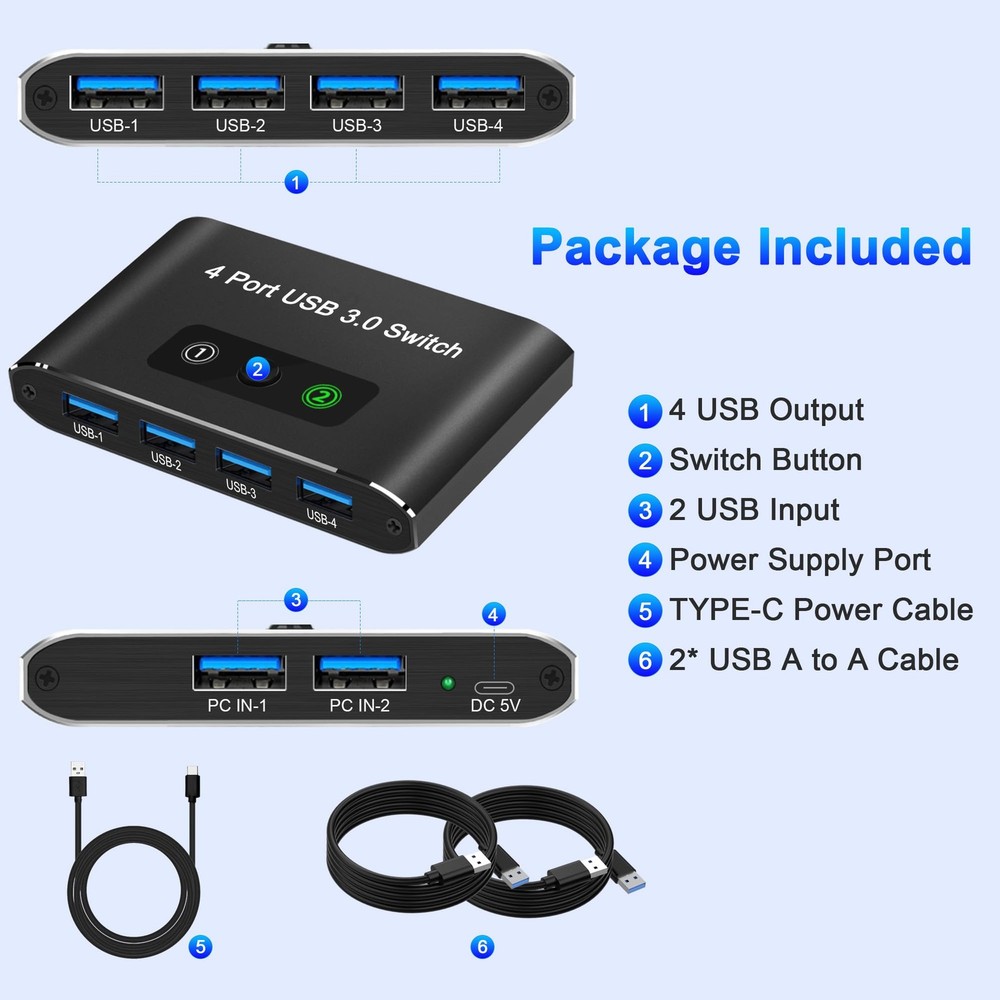 USB Switch, USB Switcher 2 Computers, USB 3.0 Switch Sharing 4 USB Devices KV...