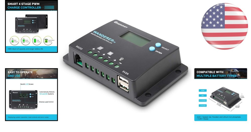 Wanderer 10A Positive Ground Solar Charge Controller - Affordable & Feature-Rich