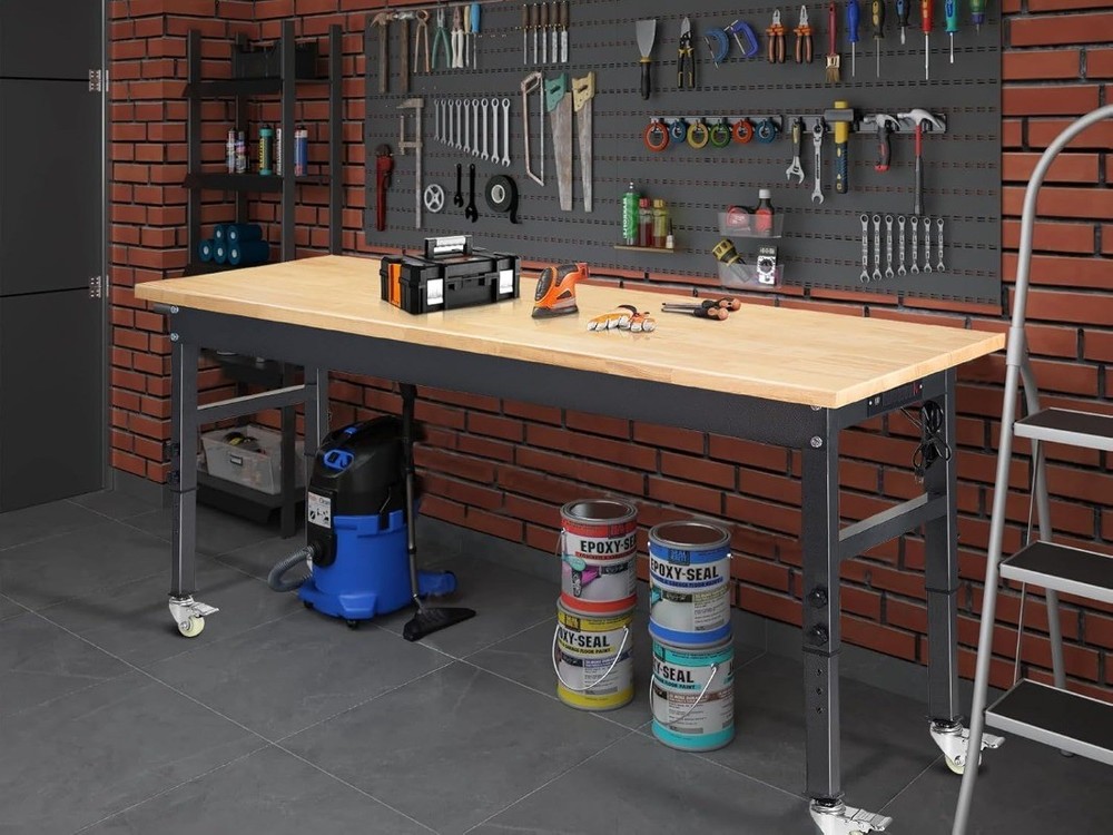 60" Adjustable Work Bench Rubber Wood Top Workbench Heavy-Duty Work Table