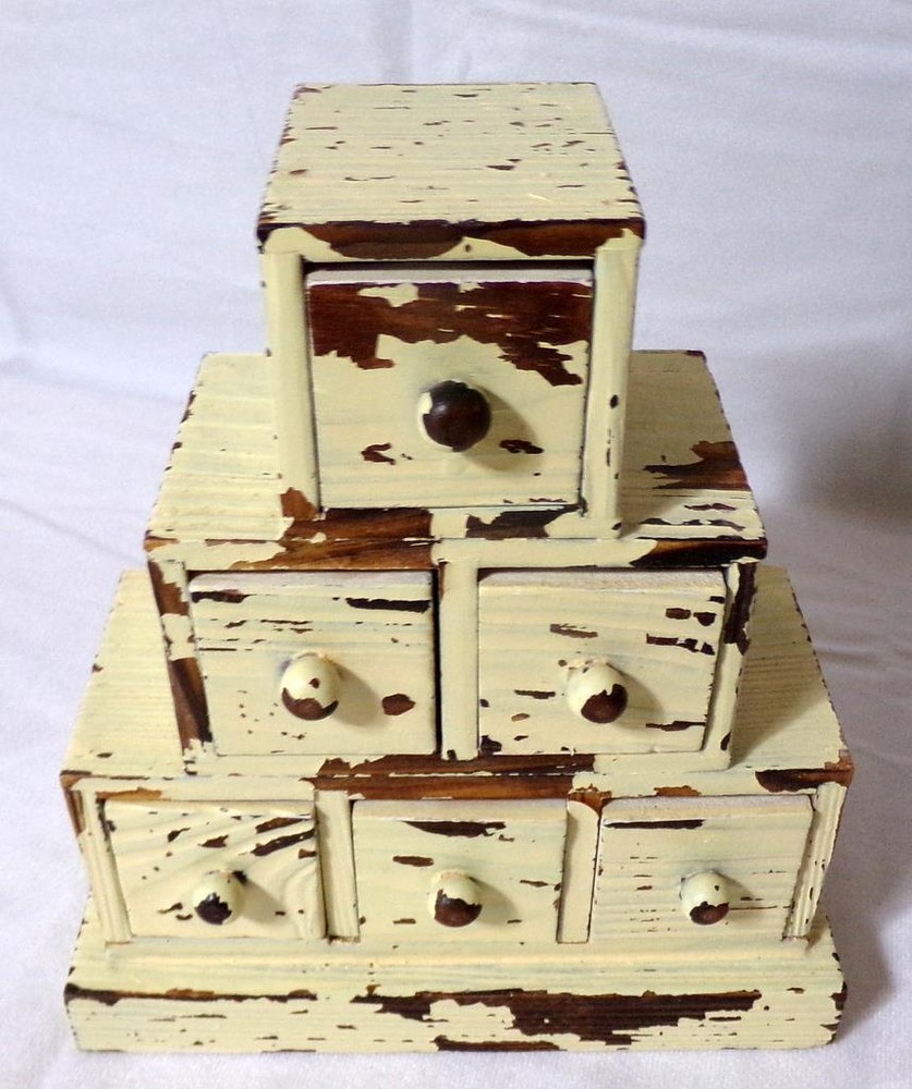 Folk Art Chippy White Paint Wood Storage Stacked Cube Sewing Box