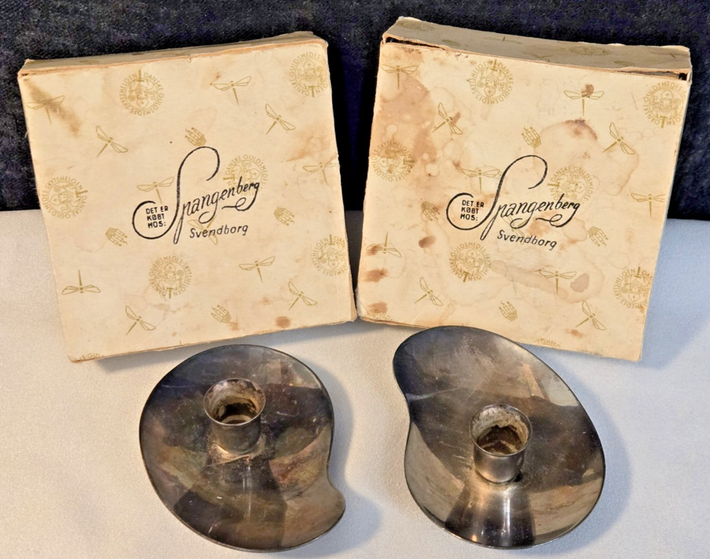 Silver Plated Denmark Kidney Candleholders--Round Bases--w/ Original Boxes!