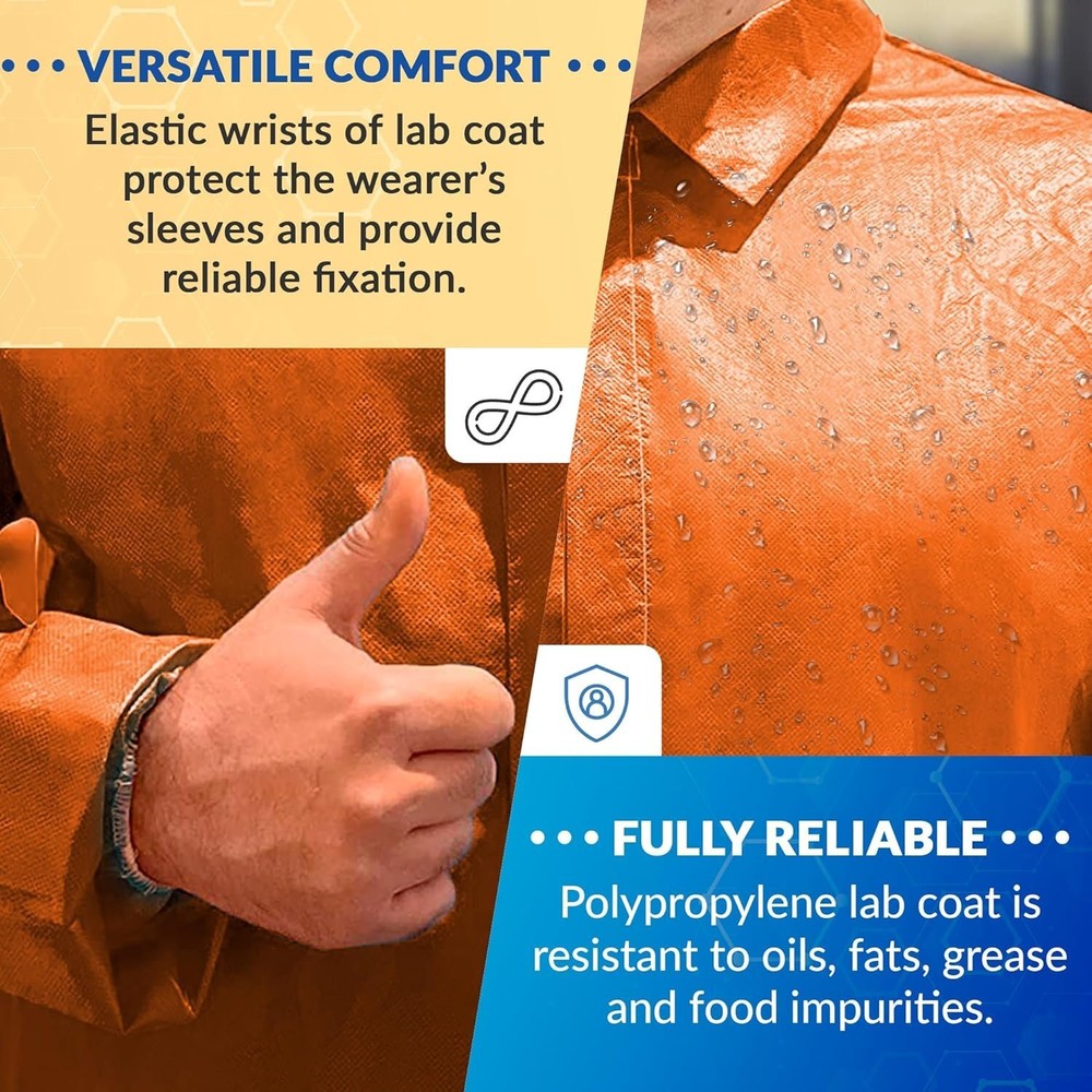 Orange Disposable Lab Coats, 3XL, 10 Pack, Polyethylene, No Pockets