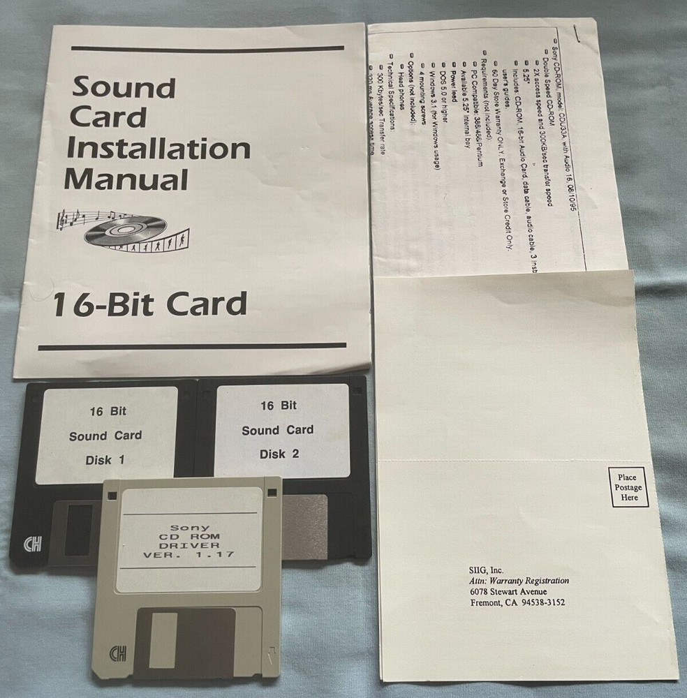 AUDIO 16-Bit Sound Card Windows 3.1 w/Sony CD-ROM Driver Software Disk UNTESTED