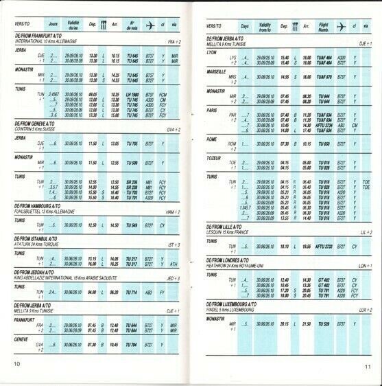Tunisair timetable 1991/06/30
