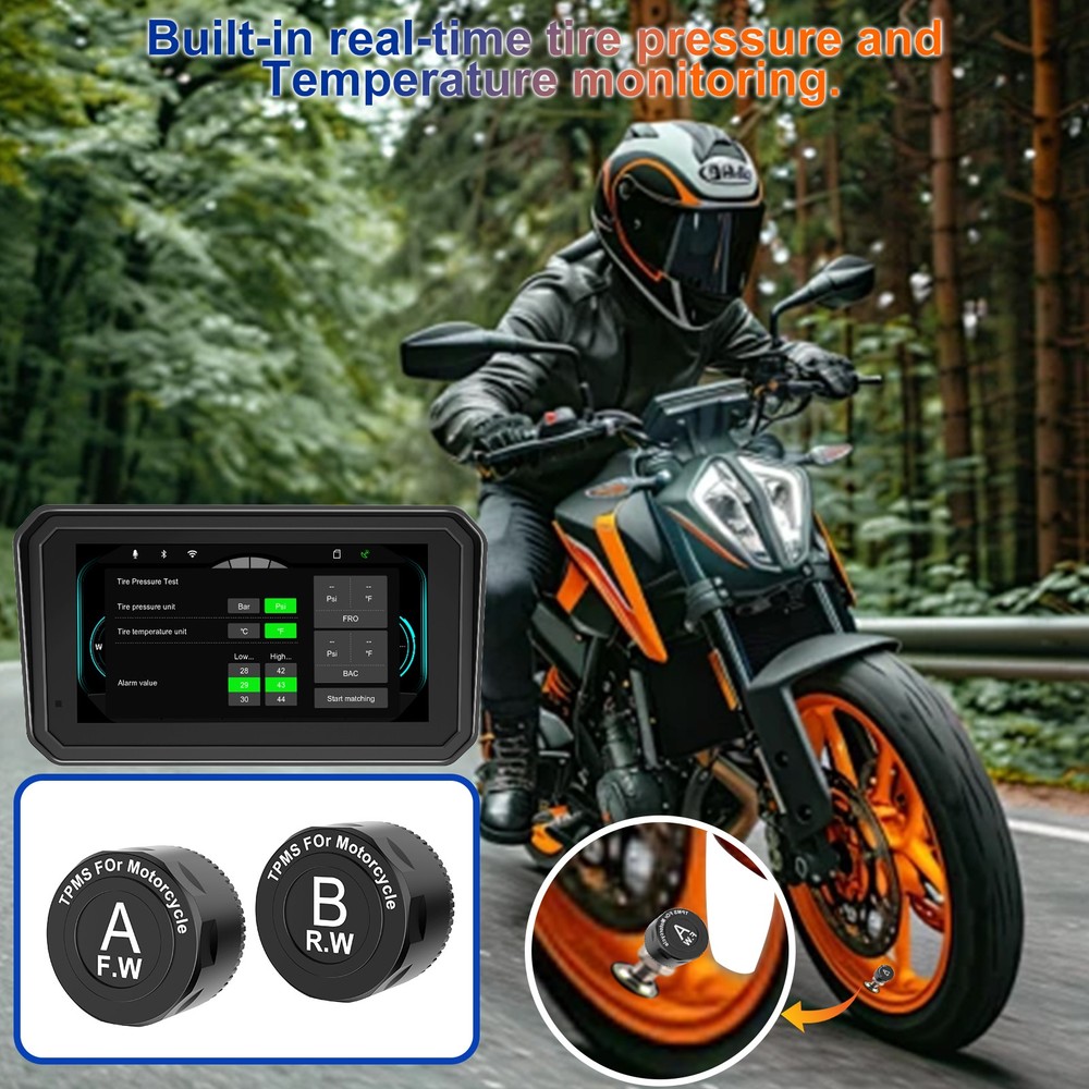 6" Ultra-Bright Motorcycle Carplay iOS/Android,Bluetooth Dual 2K Camera/Dash Cam