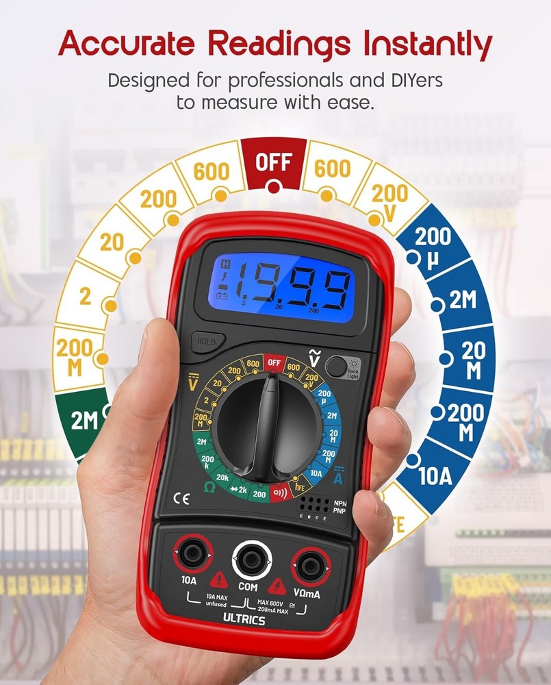 Digital Multimeter,Voltmeter Ammeter Ohmmeter with Test Leads Backlight Display