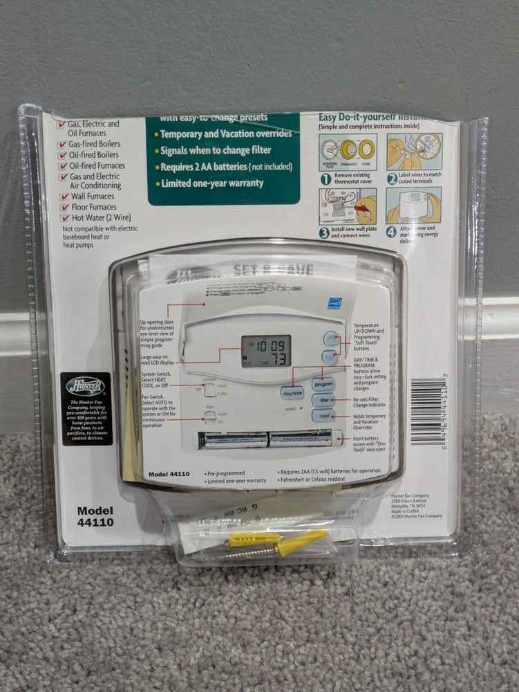 Hunter Set & Save Programmable Thermostat for Heating & Cooling 44110 NEW
