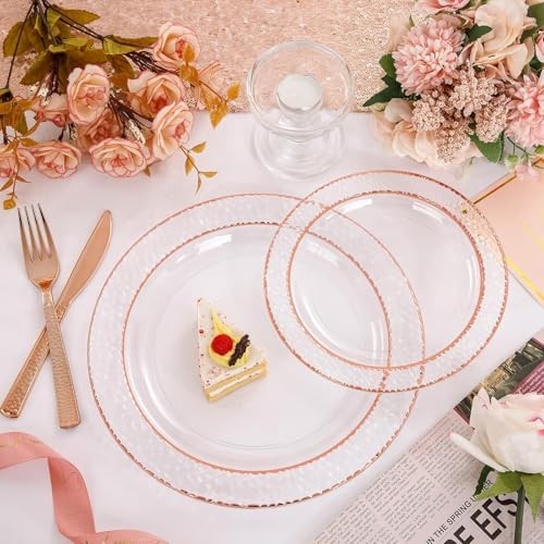 350PCS Rose Gold Plastic Plates-Disposable Plates 50 Guests include Clear Rose