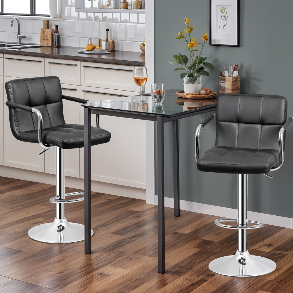2PCS Adjustable Bar Stools PU Leather Modern Dinning Chair with Armrest Black