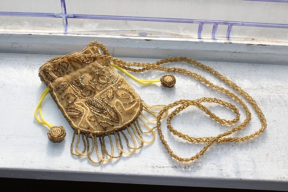 Vintage Boho Style Beaded Purse with Drawstring