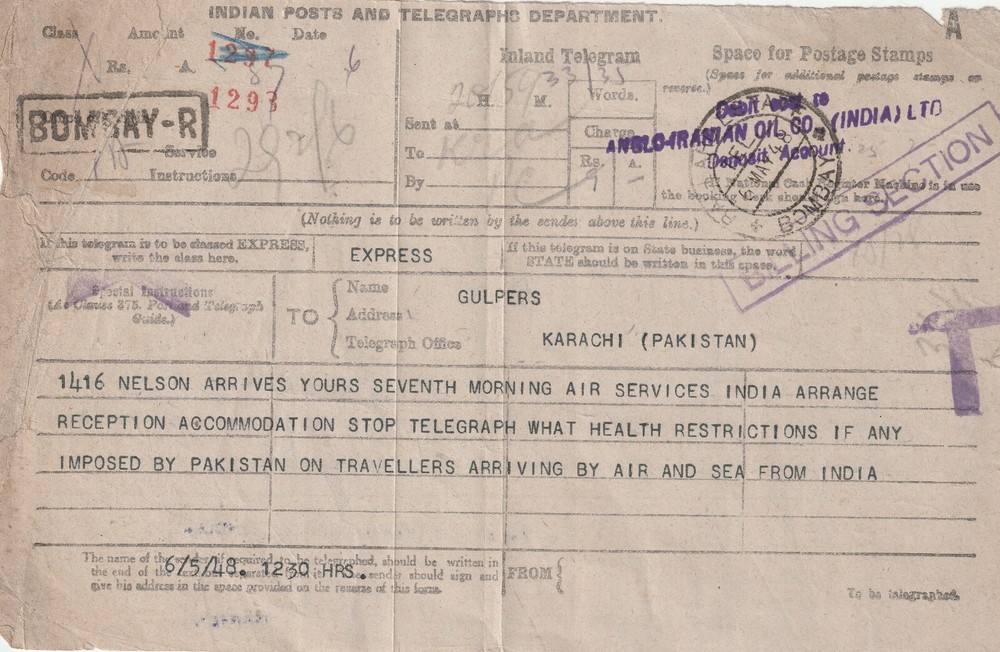 1948 & 1959 2 x India Telegram Revenue forms.