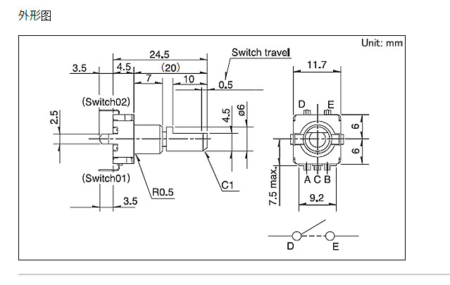 Encoder EC11E09244BS 18 Points 9 Pulses with Switch 20mm Half Shaft 360°