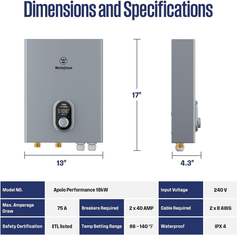 Smart WiFi Tankless Electric Water Heater - 18kW, 4.2GPM, Whole House Model