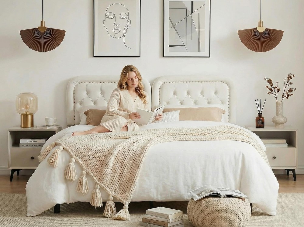 Tufted Upholstered Headboard Queen Size, Button Adjustable Height Head Board ...