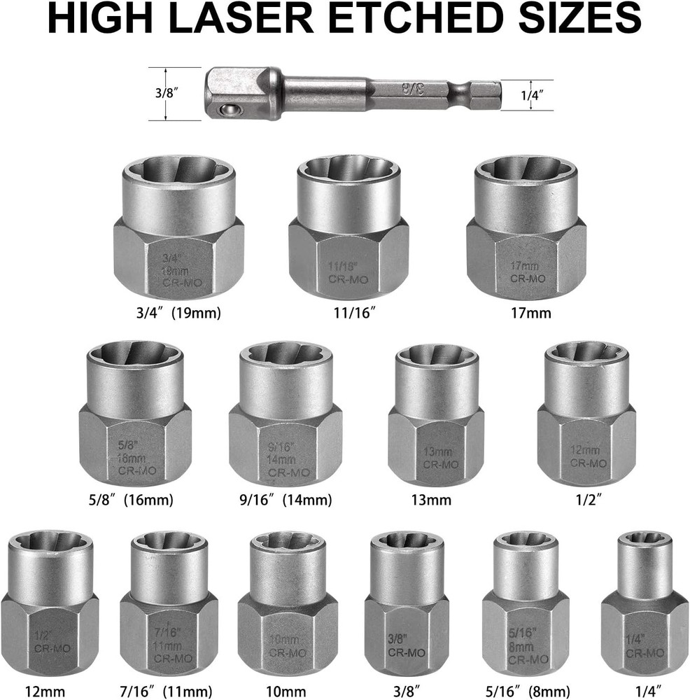THINKWORK Bolt Extractor Kit, 13+1 Pieces Nut Extractor Socket Set, 3/8" Drive R