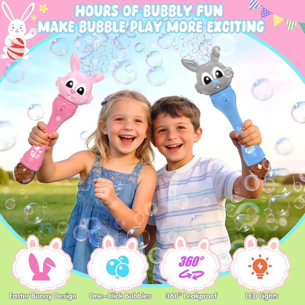 Easter Bubble Wand for Kids 2-Pack, Bunny Bubble Machine with LED Light, Bubble