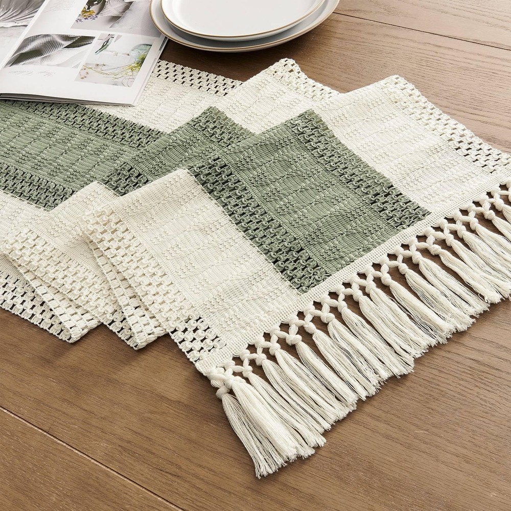 Macrame Style Bicolor Stitching Table Runner, 14 x 72 Inch Green/Ivory, Boho ...