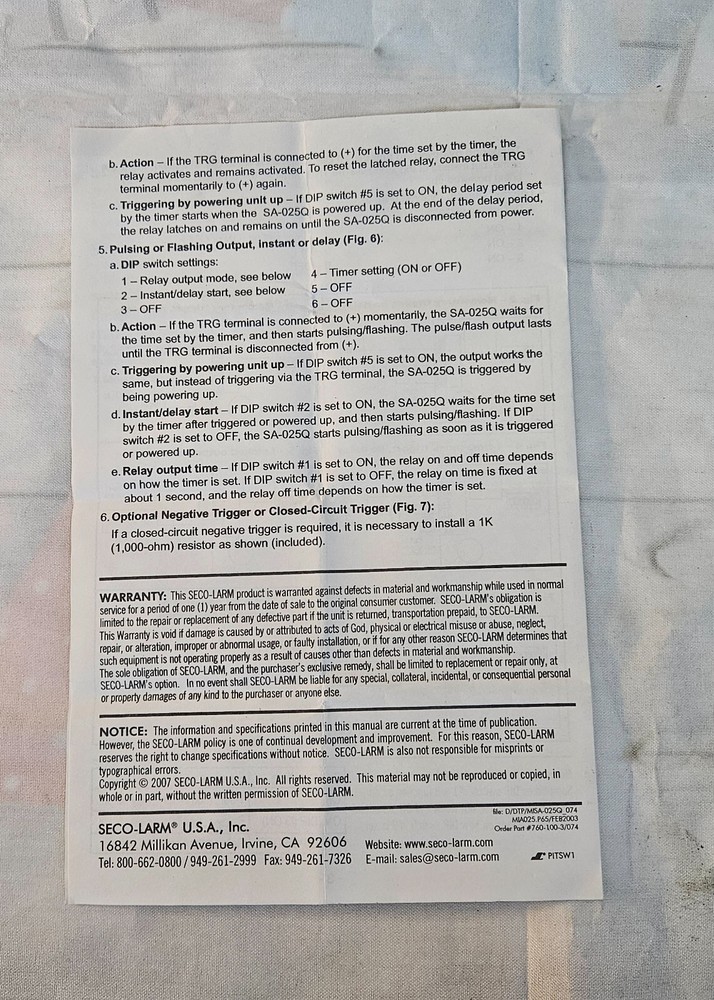 ENFORCER SA-025Q Programmable Timer Module Installation Manual