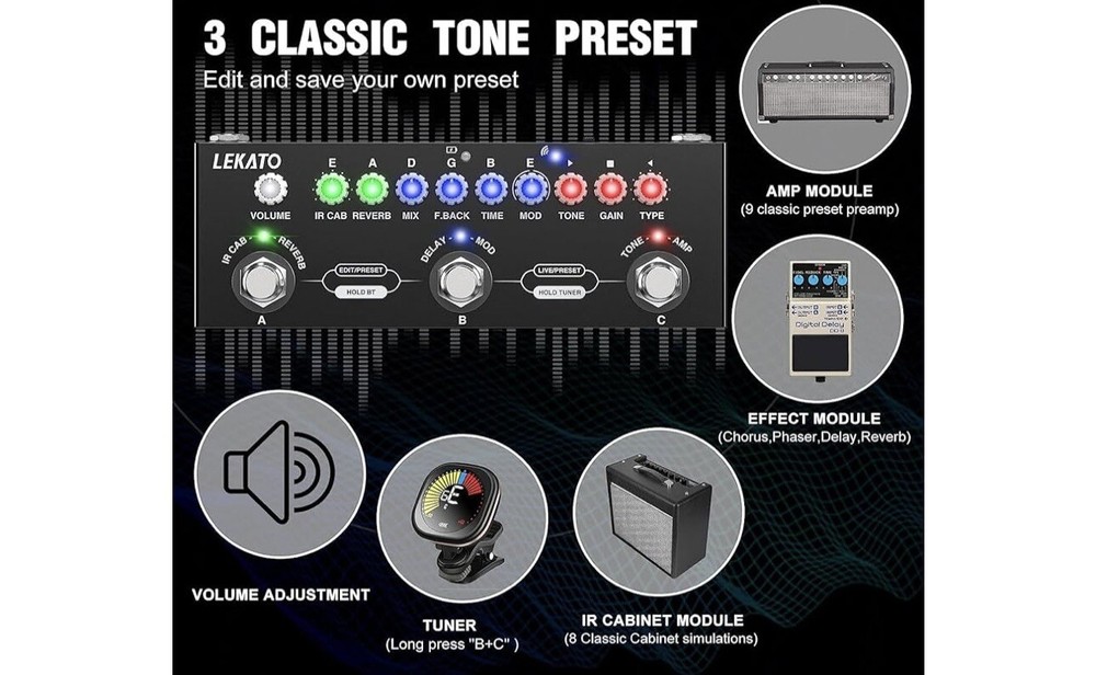 LEKATO Multi Effects Guitar Pedal, with IR Loading 9 AMP Models