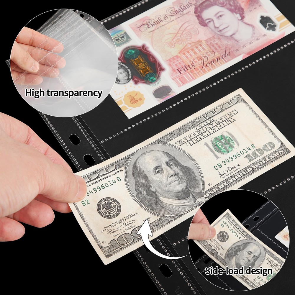 20 Sheets Currency Pages for Paper 20 Sheets(3 Pockets/Sheet), Transparent