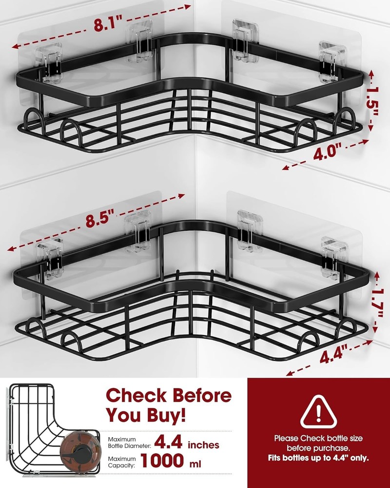 Corner Shower Caddy - 2 Pack, Adhesive Organizers, Medium, Black