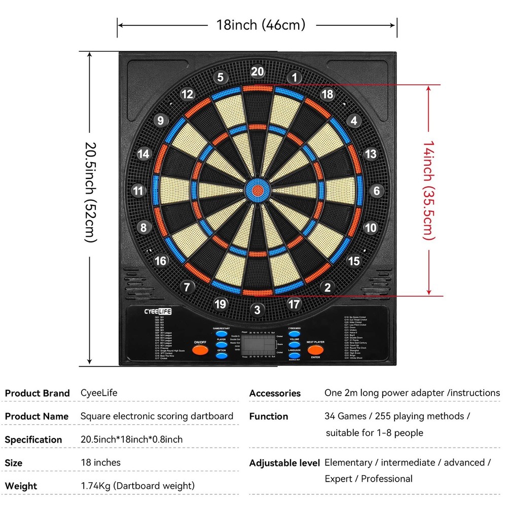 Cyeelife 18in Square Electronic Scoring Dartboard for Soft tip Darts Set