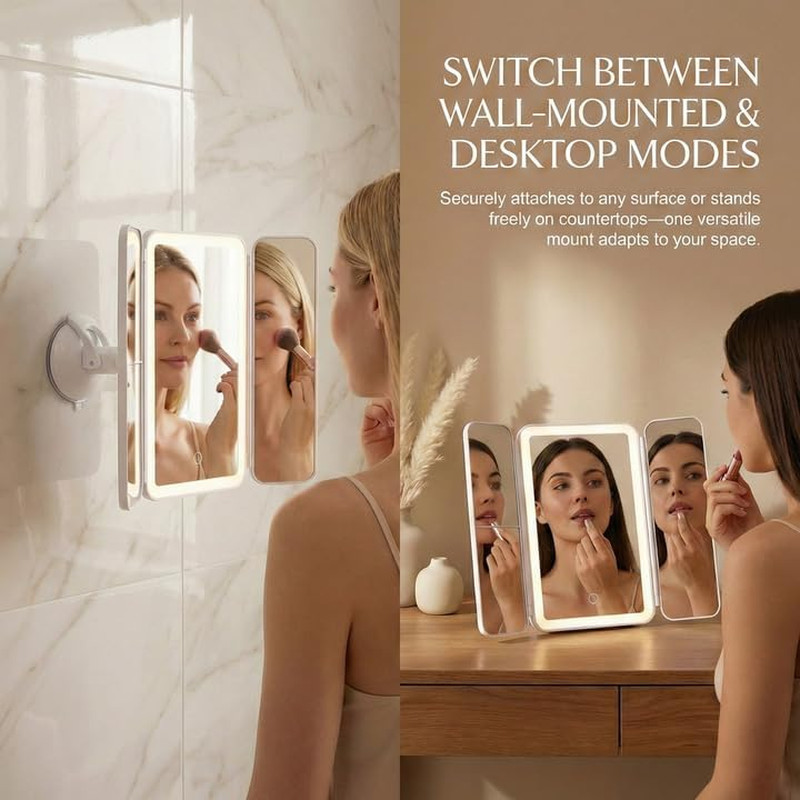 Trifold LED Makeup Mirror with Suction Mount, 3 Color Lights & Magnification