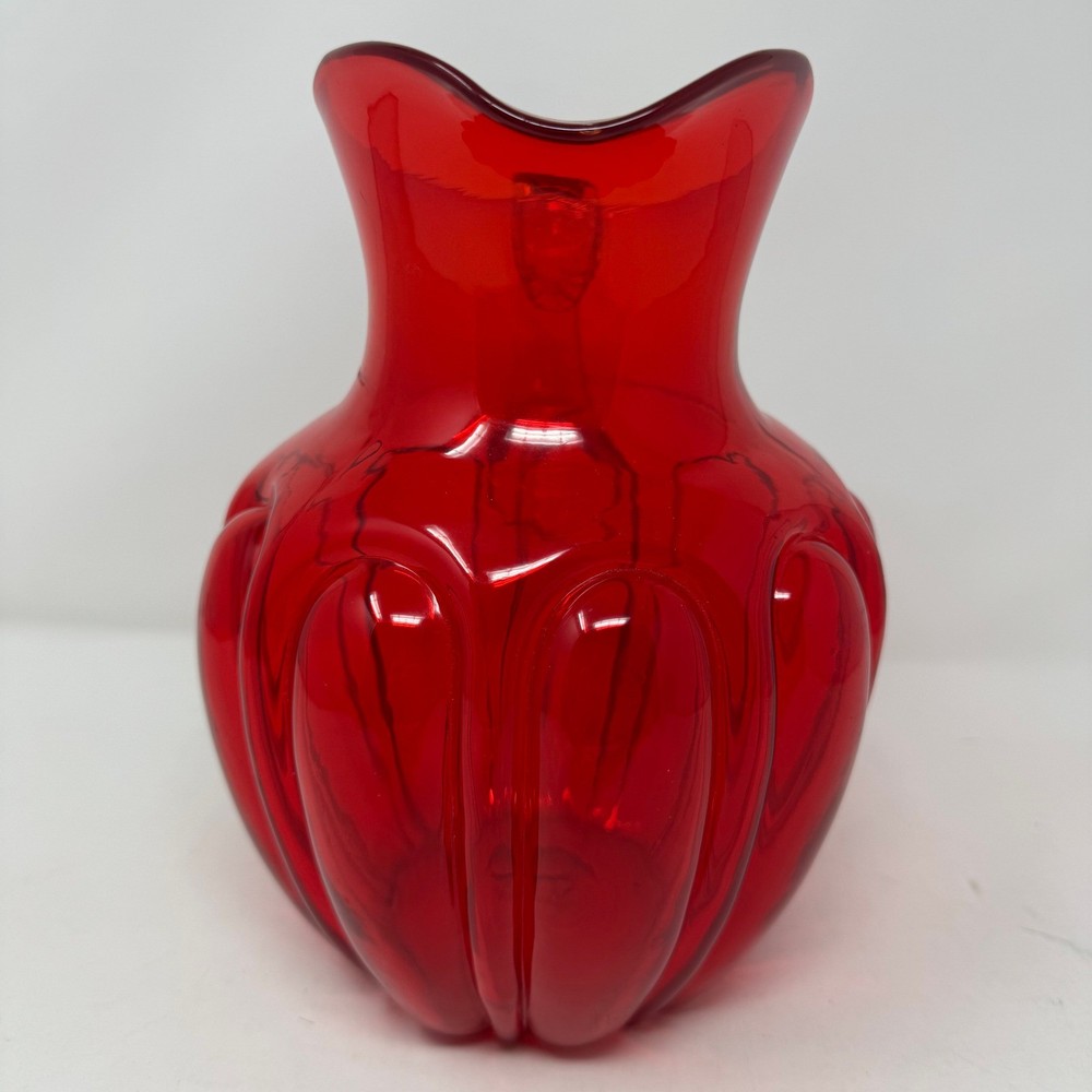 Fostoria Bulging Loops Pitcher Red Glass Hand Blown Clear Handle