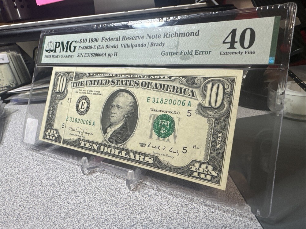 1990 $10 FRN ( RICHMOND “E”) ERROR ♚♚LARGE GUTTER FOLD♚♚ PMG 40