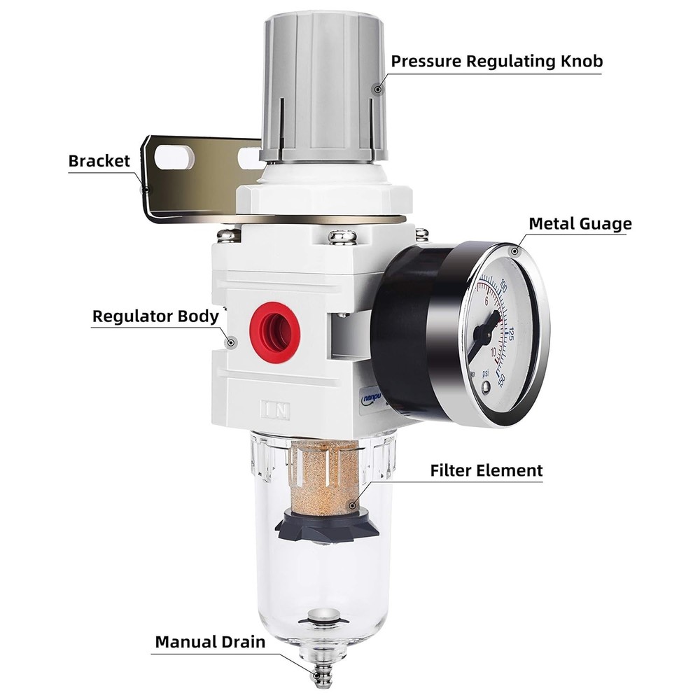 Compressed Air Filter Regulator with Polycarbonate Bowl & Drain Feature