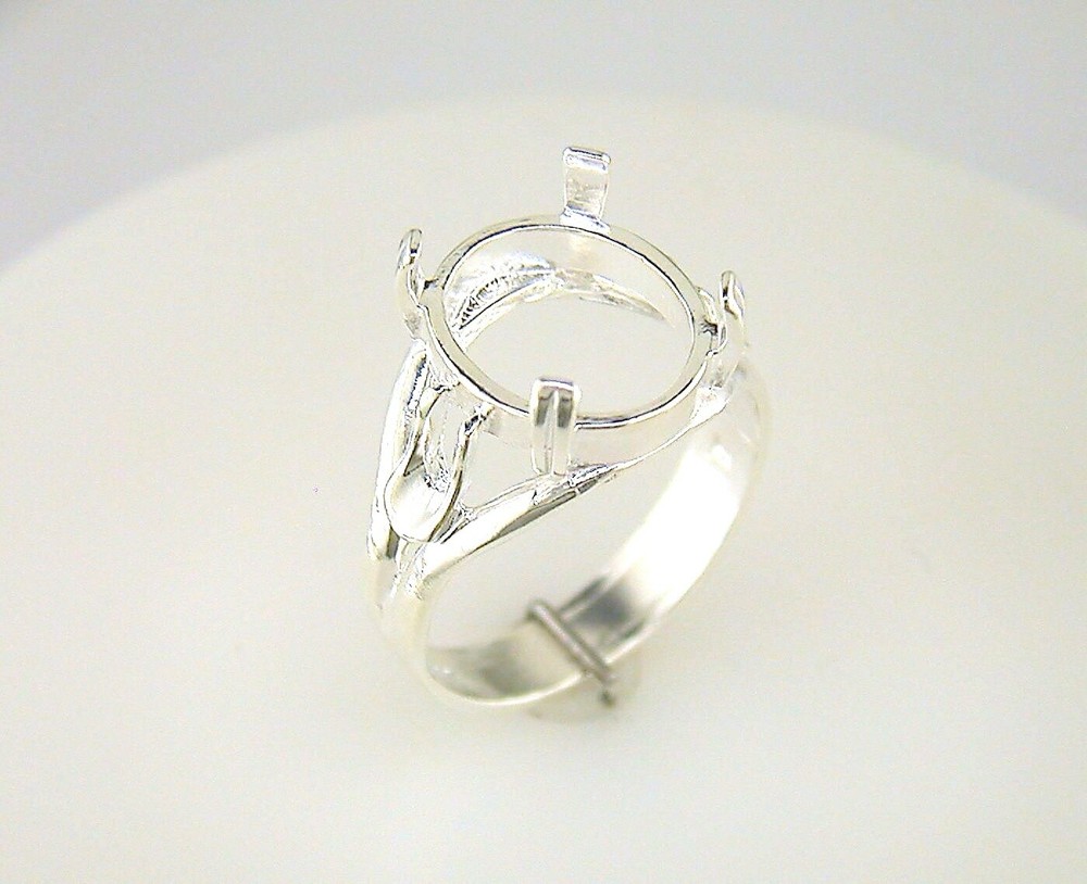 Oval Cabochon Solitaire Side Deco Ring Setting Sterling Silver