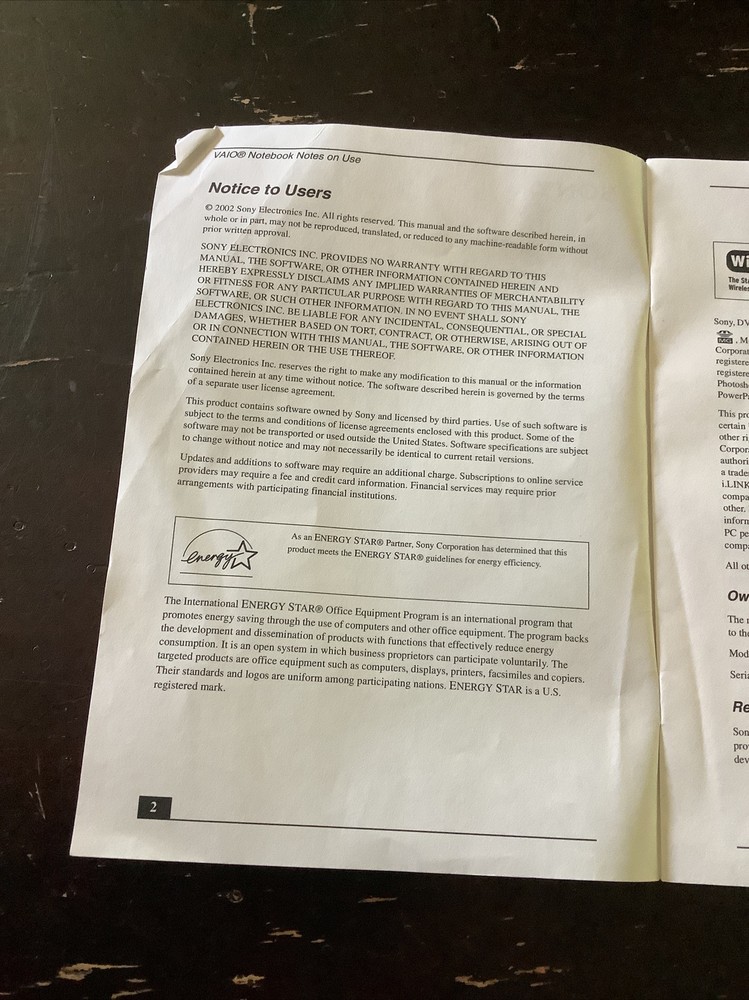 2 Sony VAIO Notebook Quick Start & Notes on Use PCG-R505 Series Computer manuals